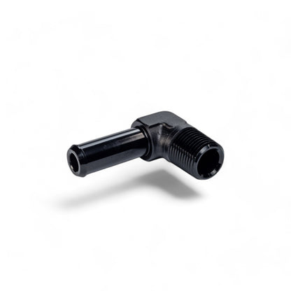 FITTING ADAPTER 1/2IN TO 5/8IN MALE NPT TO BARB 90 DEG AL BLACK