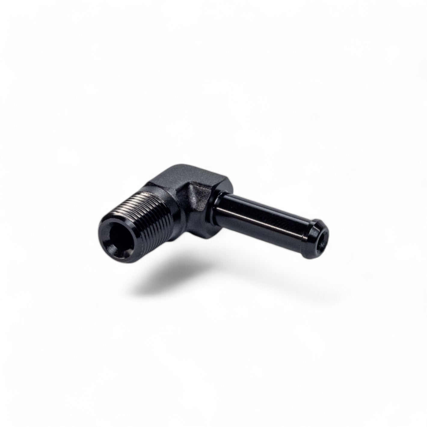 FITTING ADAPTER 1/8IN TO 1/4IN MALE ORB TO BARB 90 DEG AL BLACK