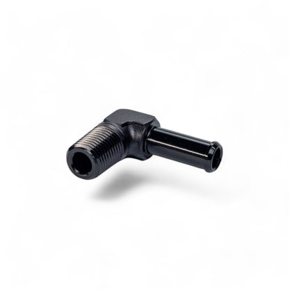FITTING ADAPTER 1/4IN TO 3/8IN MALE NPT TO BARB 90 DEG AL BLACK