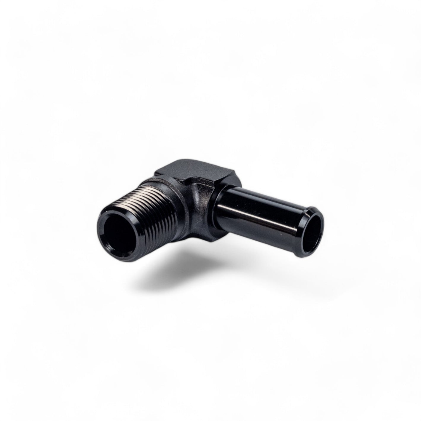 FITTING ADAPTER 3/8IN TO 1/2IN MALE NPT TO BARB 90 DEG AL BLACK