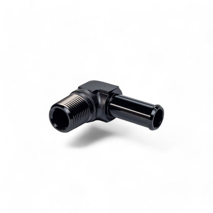 FITTING ADAPTER 3/8IN TO 1/2IN MALE NPT TO BARB 90 DEG AL BLACK