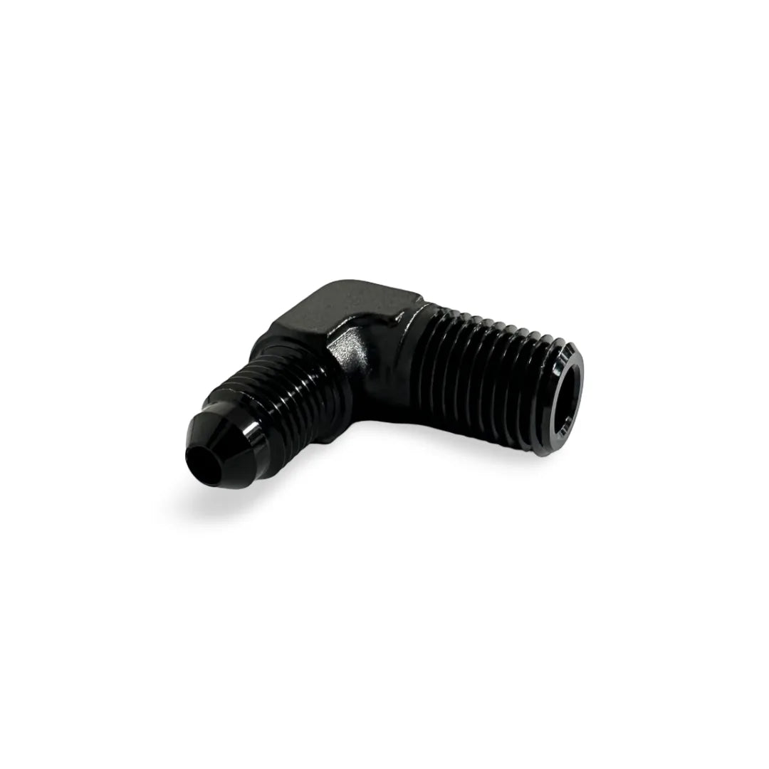 FITTING ADAPTER AN4 TO 1/4 INCH NPT MALE FLARE 90 DEG AL BLACK